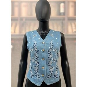 1990 90s Lizwear Coastal Boho Denim Vest with Embroidered Seashell Buttons Sz SP
